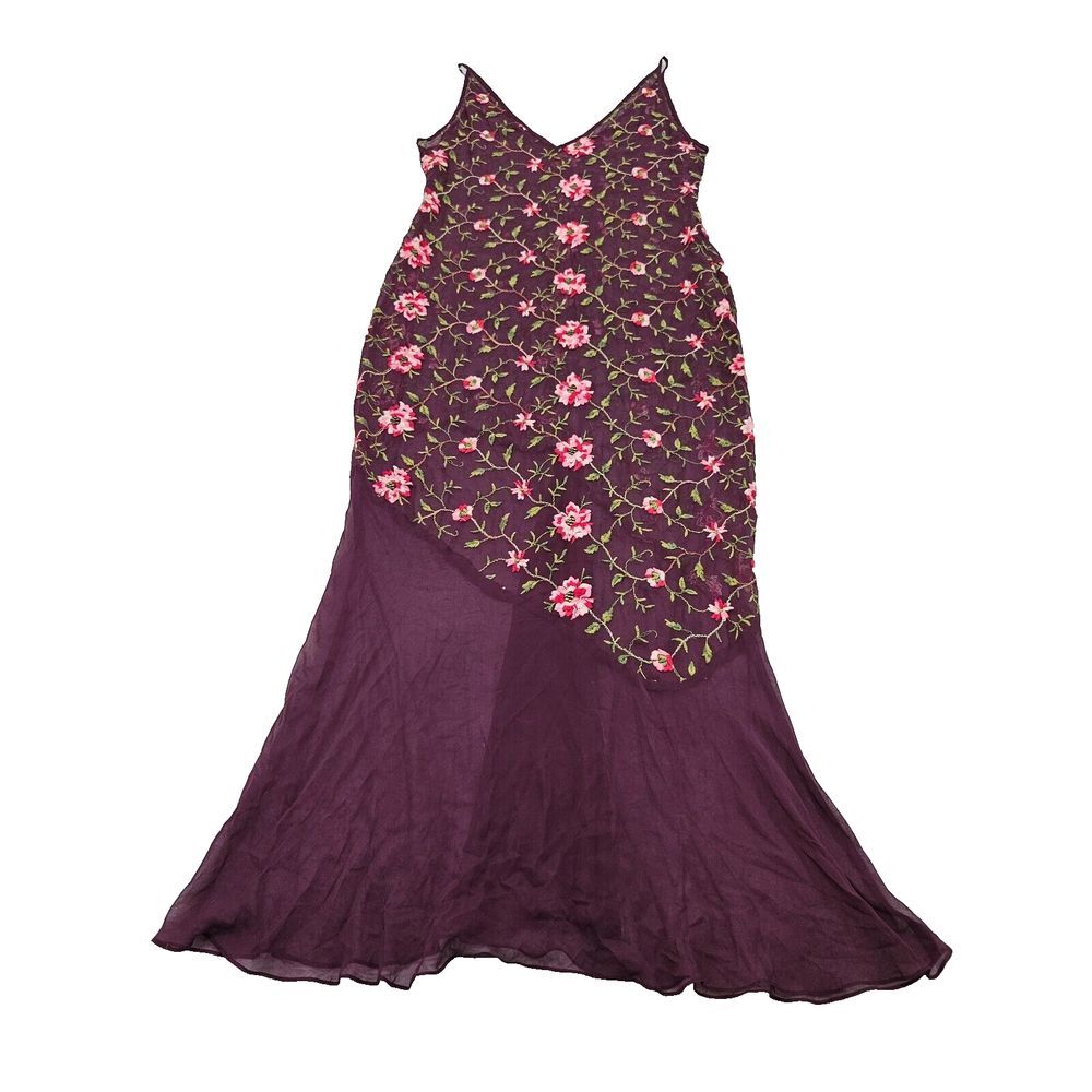 Purple Sheer Floral Embroidered Silk Overlay Romantic Fairycore‎ Maxi Dress Sz M